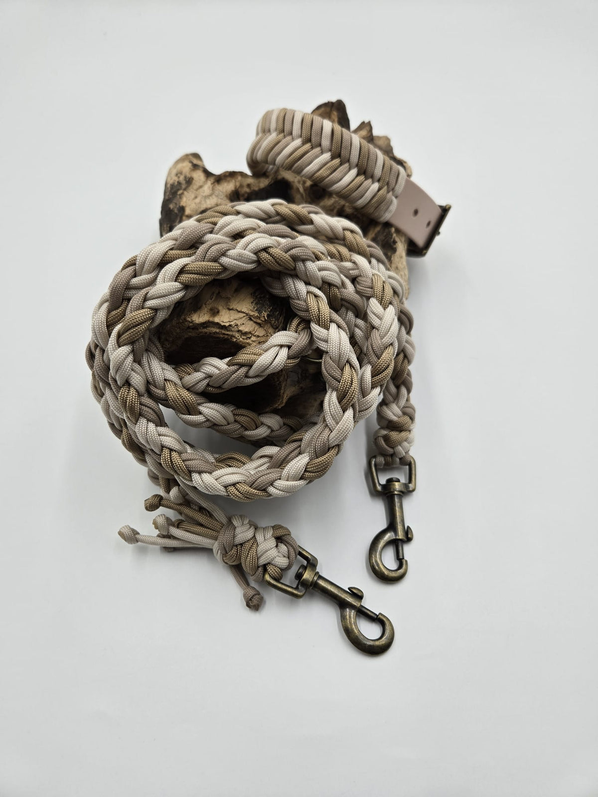 Sofortkauf - Set aus Halsband & Leine 8-fach geflochten – Fischgrätenmuster-Set in Beige & Gold - 25 bis 34 cm - 220 cm