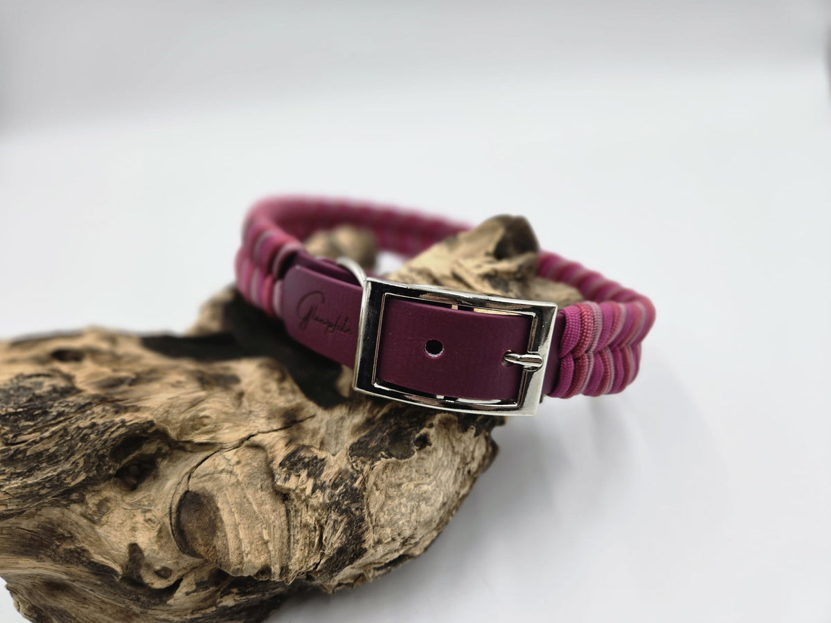 Sofortkauf - Biothane-Halsband mit Fischgräten-Muster – Bordeaux & Rosatöne - 50 bis 55 cm