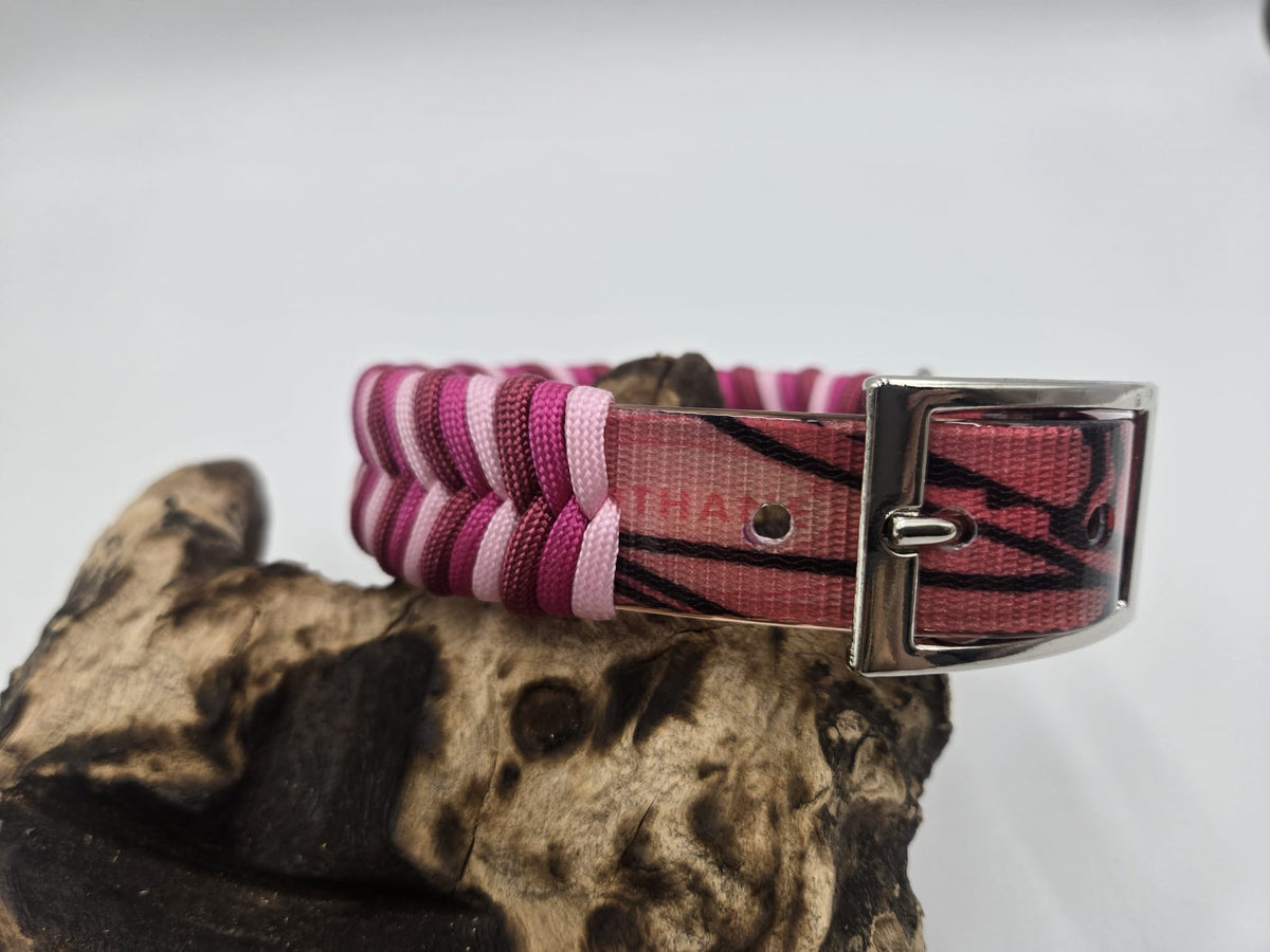 Sofortkauf - Biothane Gold-Halsband mit Paracord-Fischgrätenmuster – Rosatöne - 25 bis 31 cm