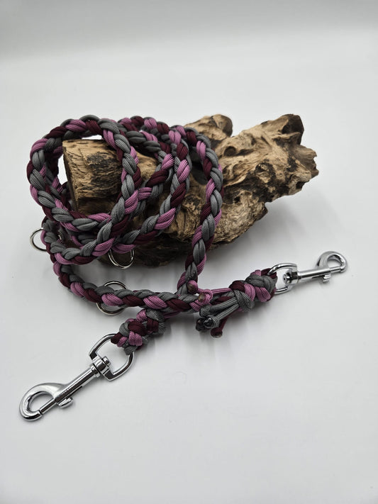 Sofortkauf - Paracord-Leine 8-fach geflochten „Bordeaux, Rosa & Grau“ – 260 cm