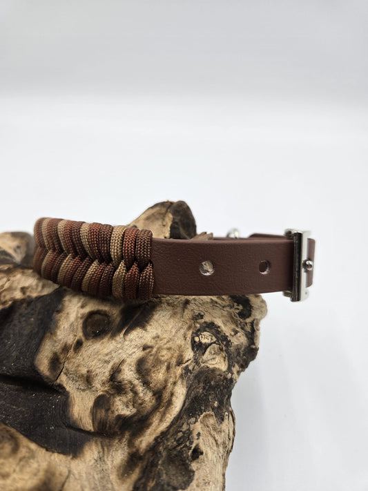 Sofortkauf - Biothane-Halsband mit Paracord-Fischgrätenmuster "Brauntöne" - 34 bis 42 cm