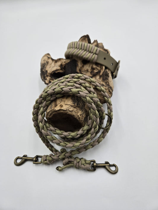 Sofortkauf - Halsband & Leine 4-fach geflochten – Fischgrätenmuster-Set in Guacamole & Beige - 21 bis 28 cm - 180 cm