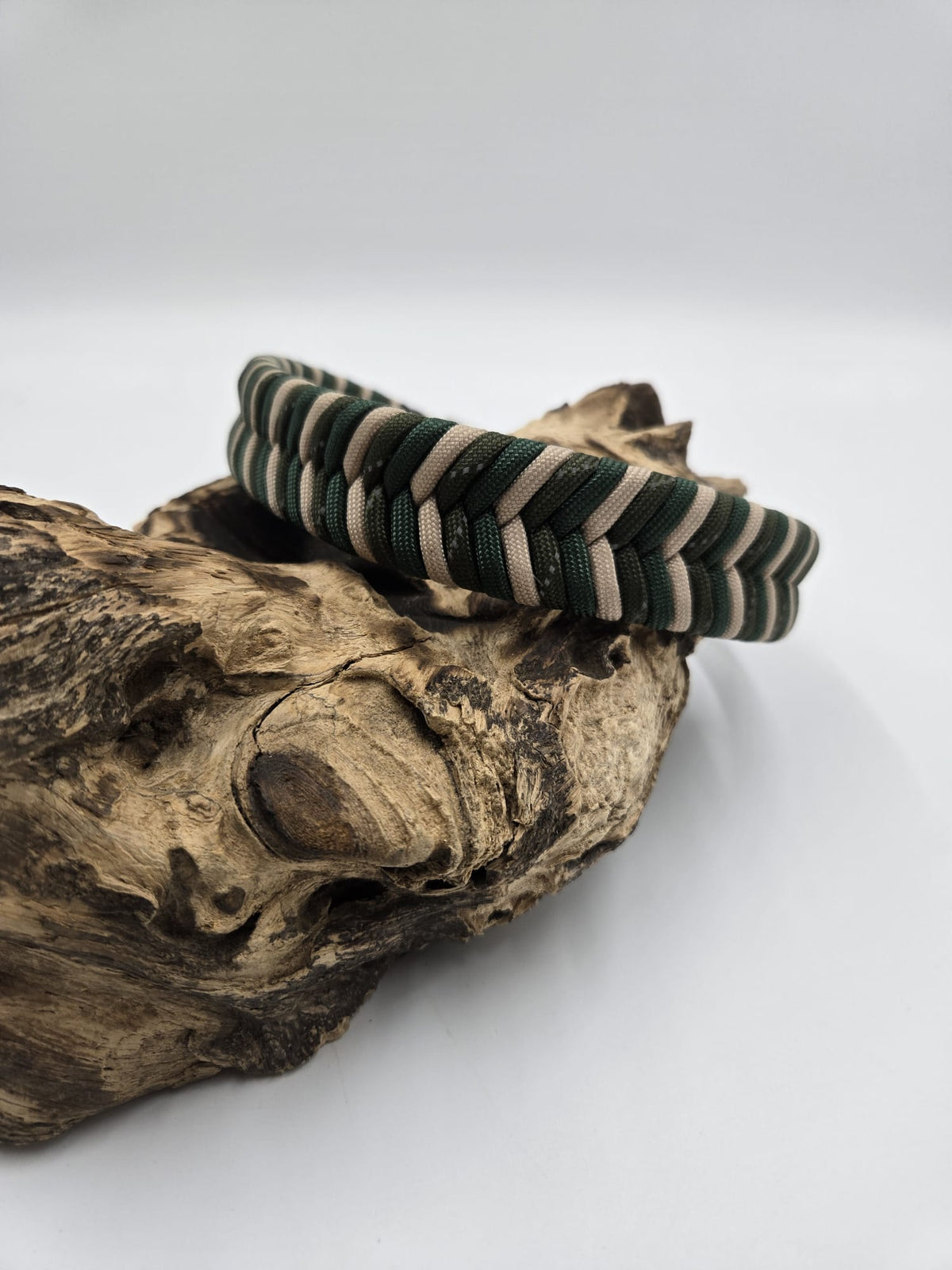 Sofortkauf - Halsband aus beschichtetem Gurtband in Olivgrün mit Fischgrätenmuster "Beige und Grüntönen" - 25 bis 31 cm