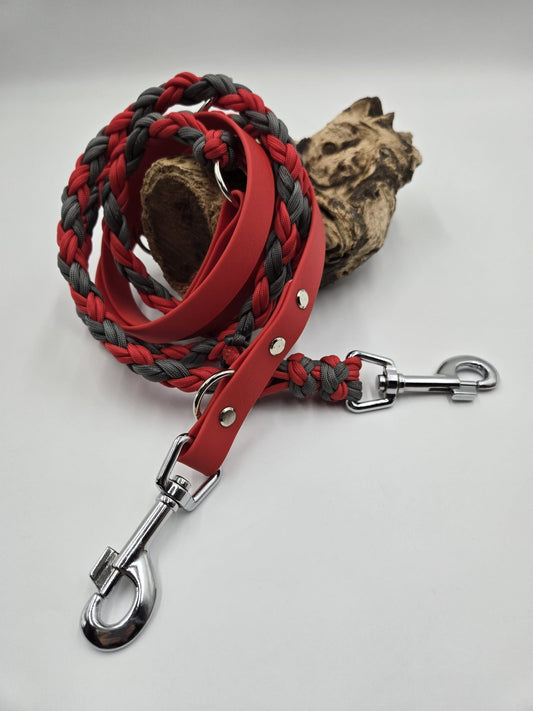 Sofortkauf - Kombi-Leine aus beschichtetem Gurtband & Paracord 8-fach geflochten – Rot & Grau - 250 cm