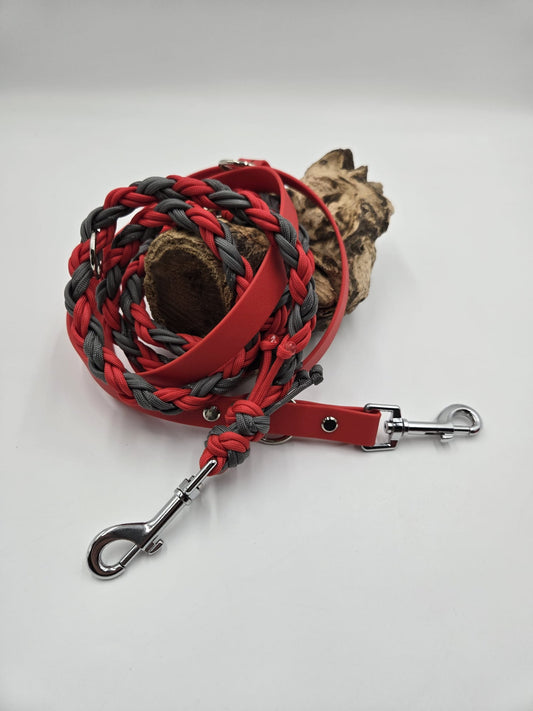 Sofortkauf - Kombi-Leine aus beschichtetem Gurtband & Paracord 8-fach geflochten – Rot & Grau - 250 cm