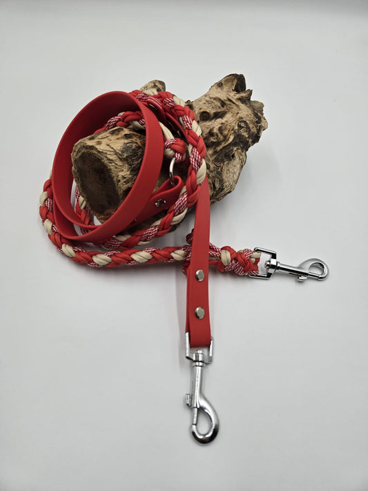 Sofortkauf - Kombi-Leine aus beschichtetem Gurtband und Paracord in Rot - 200 cm